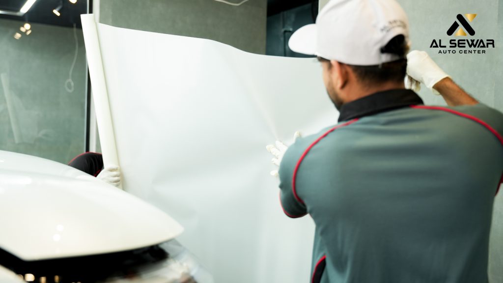 Professional auto technician applying and polishing Paint Protection Film (PPF) on a luxury car, ensuring a high-gloss finish and enhanced paint protection.