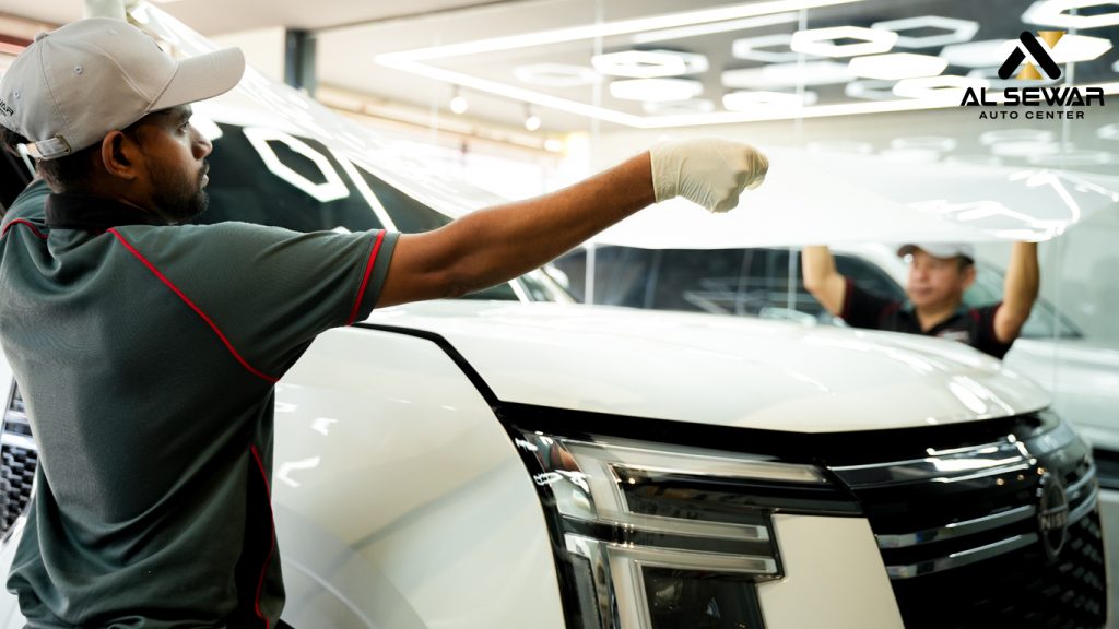 Car undergoing Paint Protection Film (PPF) installation to prevent scratches and paint damage at Alsewar Auto UAE.