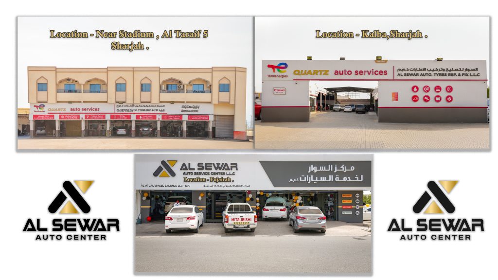 "Al Sewar Auto Center – Three UAE locations in Sharjah (Al Taraif 5, Near Stadium), Kalba, and Fujairah – offering complete tyre, repair, and auto services."