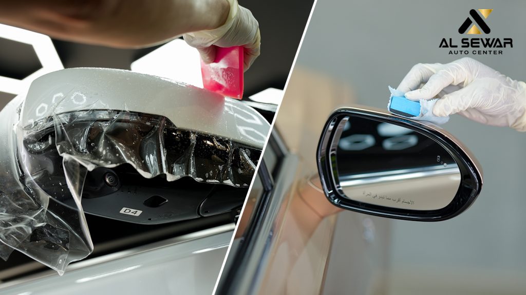 Car positioned inside Al Sewar Auto Center workshop in Sharjah for professional paint protection services including ceramic coating and PPF installation.